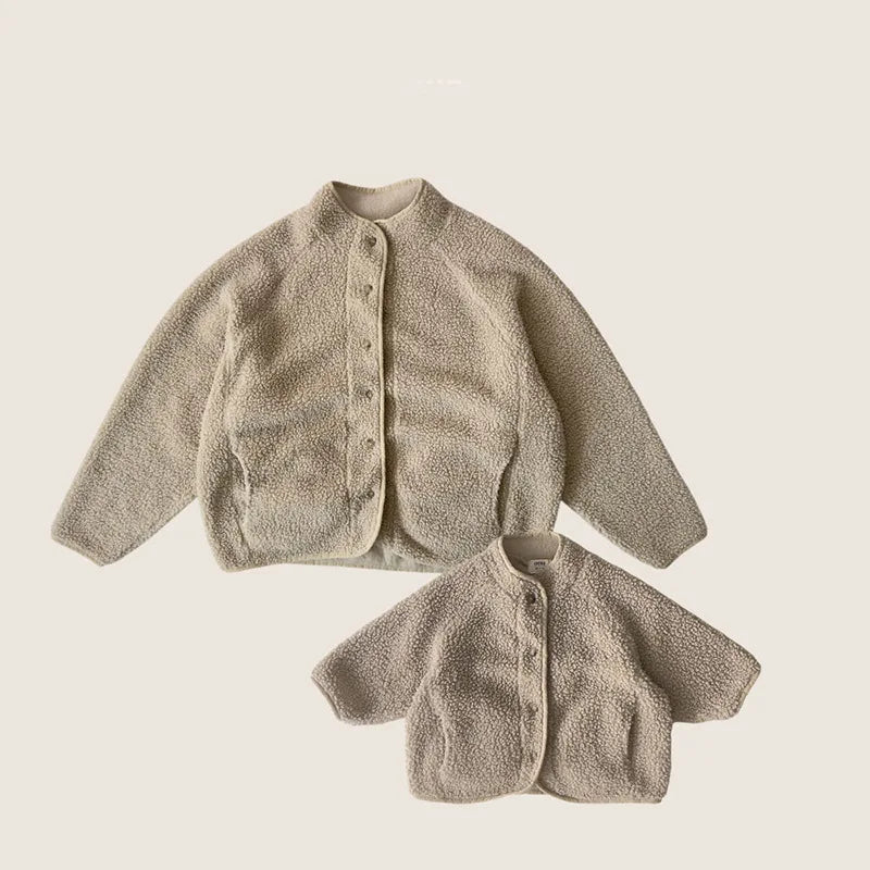 Spring Autumn Baby Kids Sherpa Fleece Jacket, Solid Color Loose Fit Warm Outerwear for Boys Girls Toddler 73-100