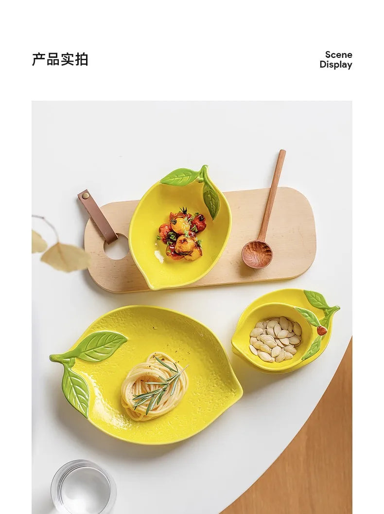 Creative Cartoon Lemon Shaped Ceramic Salad Bowl Soup Bowl Family Fruit Snack Plate Kitchen Utensils Accessories