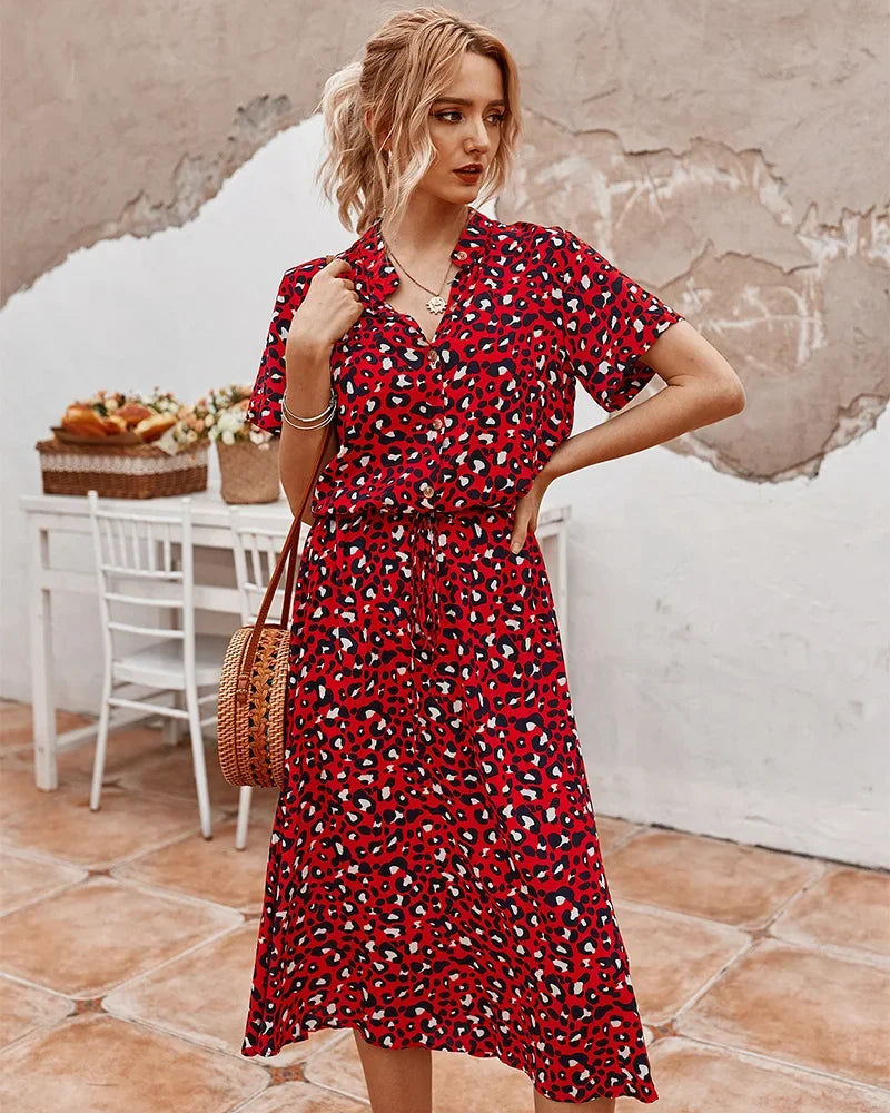 New Fashion Women's Polka Dot Print Short Sleeve Midi Dress Cotton Summer New Arrival Knee-Length Stand Collar Regular Waist