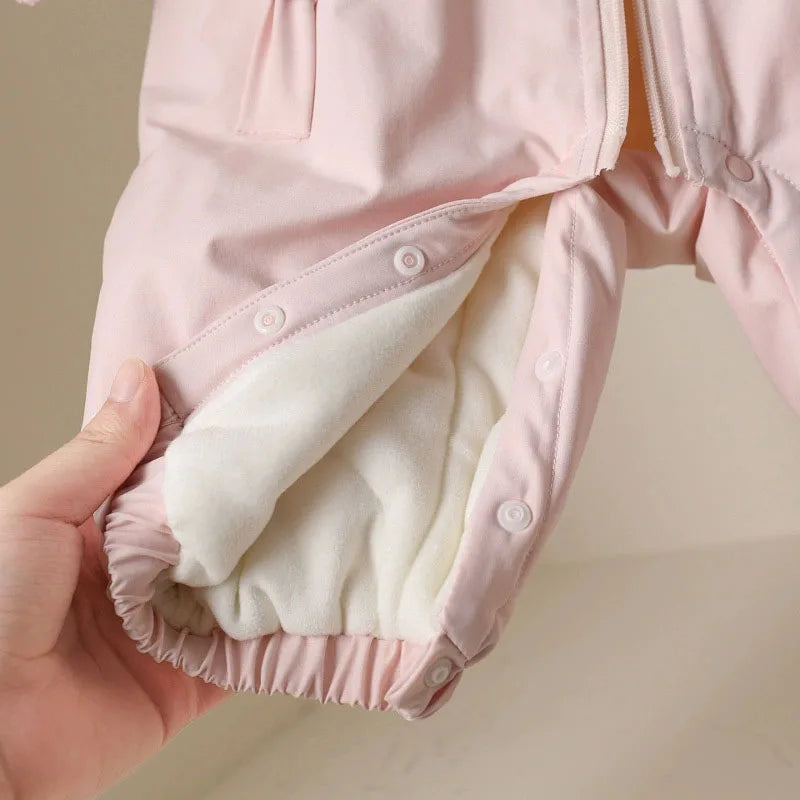 Winter Rompers Baby Girls Clothes Korean Fashion Pink Cute Hooded Bow Warm Thicker Jumpsuit Infant Costume Newborn Items B383
