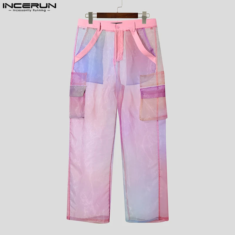 INCERUN Men Pants Mesh Gradient Button Joggers Straight Trousers Men Joggers Streetwear Pockets Oversize Fashion Long Pants 2026
