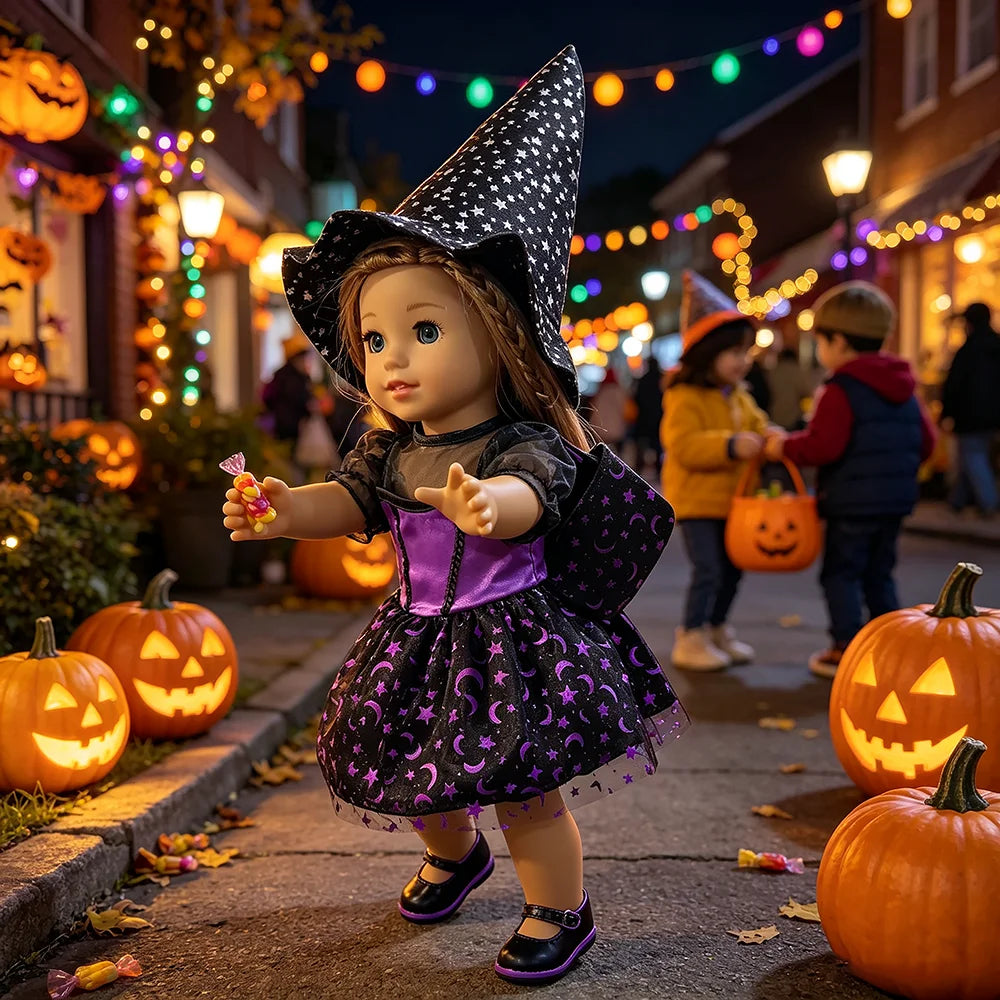 Halloween Doll Costume Outfit Suitable for 18 Inch Dolls. Doll Holiday Costume Set with Three Pieces and Doll Accessories