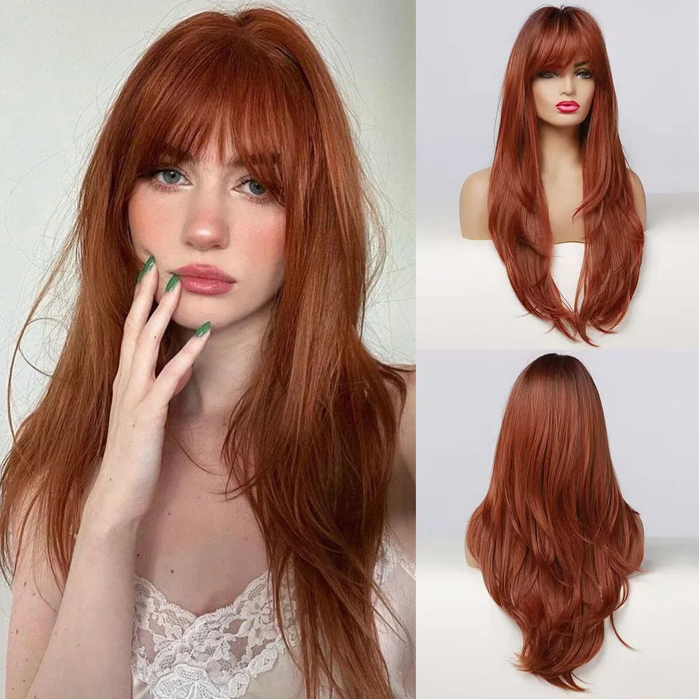 EASIHAIR Long Wavy Synthetic Wigs Natural Ombre Brown Wig with Bangs for Women Daily Cosplay Party Use Heat Resistant Fiber