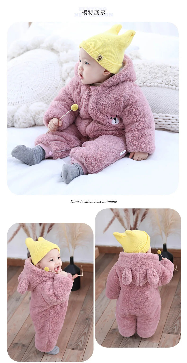 Baby Boy Clothes Cute Plush Bear Baby Rompers Autumn Winter Keep Warm Hooded Infant Girls Overall Jumpsuit Newborn Romper 0-18M
