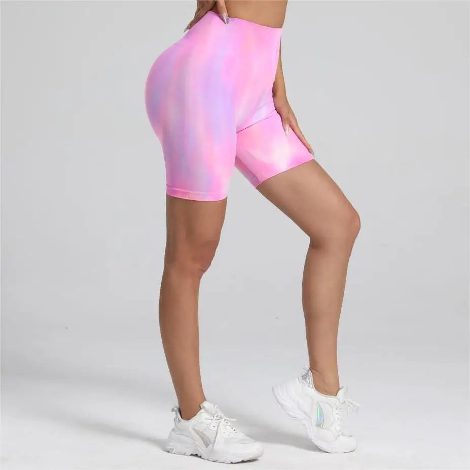 Women Nylon Gym Sports Shorts High Waist Seamless Tie dyed Elastic Fitness Yoga Leggins Pants Training Workout Tights Cycling