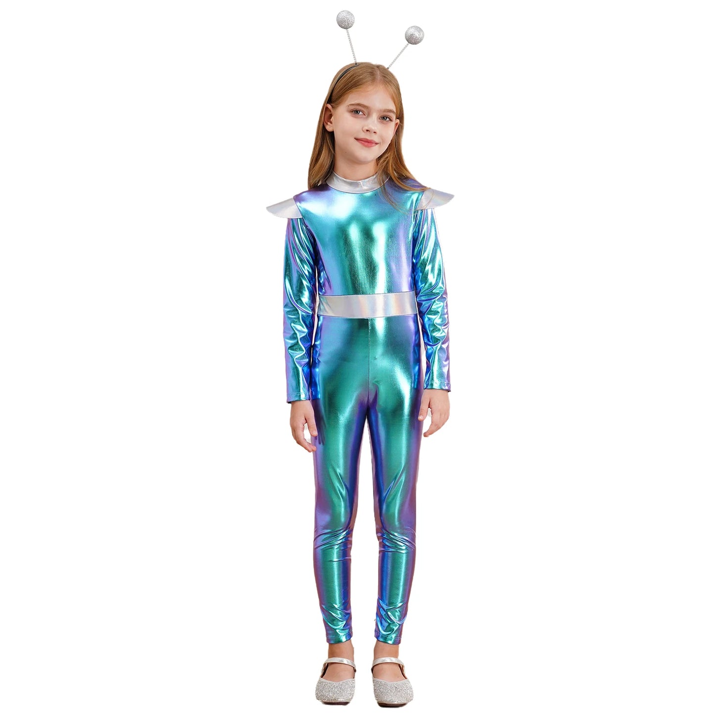 Kids Boys Girls Halloween Carnival Alien Cosplay Performance Costume Long Sleeve Metallic Shiny Space Jumpsuit with Hair Hoop