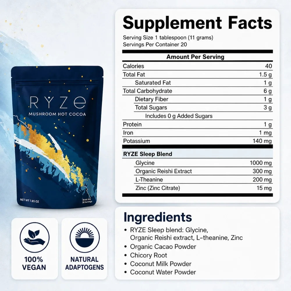 Mushroom Hot Cocoa Powder Sleep Support, Reishi L-Theanine Glycine Zinc Blend, Vegan Nighttime Relaxation Drink Mix, 20 Servings
