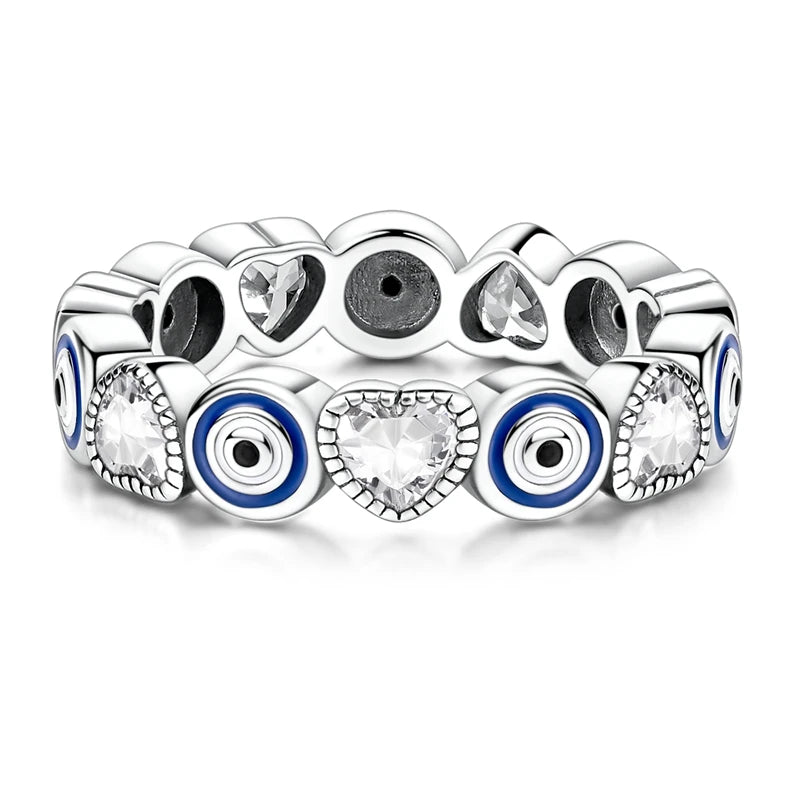 Original 925 Sterling Silver Sparkling Blue Eye and Heart Ring For Women Girls Jewelry Birthday Anniversary Gifts