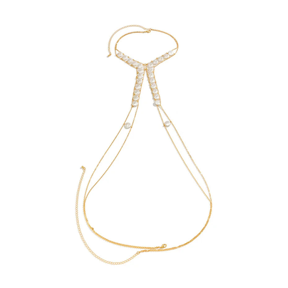 Sexy Boho Imitation Pearl Cross Chest Breast Belly Body Chain Necklace for Women Wed Waist Bikinis Summer Y2K Accessories