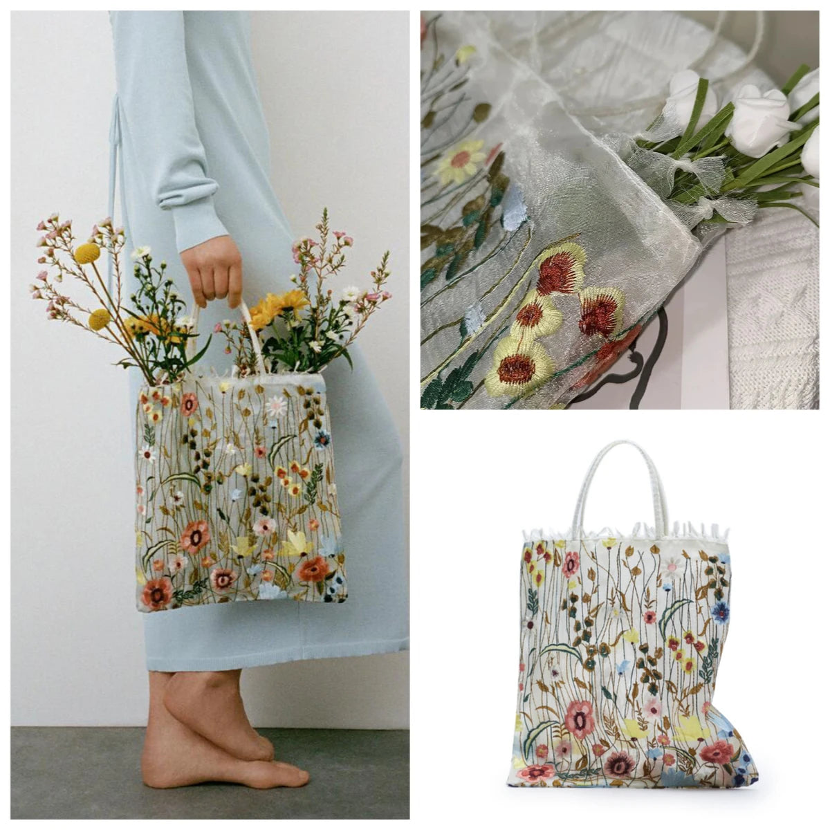 1Pc Fashion Tote Summer New Style Mesh Full Embroidery Flowers Clear Shoulder Bag Romantic Handbag Women's Eco Shopping Bag 2025