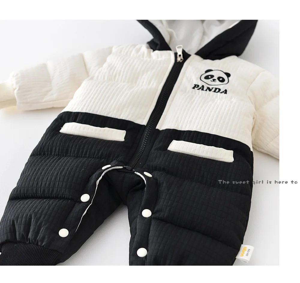 2024 Winter Baby Long Sleeve Warm Hooded Romper Cute Panda Print Newborn Plus Velvet Thick Jumpsuit Infant Girl Boy Warm Clothes