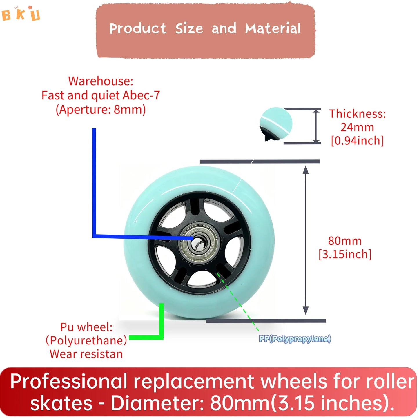 BKU 80mm PU Durable Replacement Wheels (8PCS) - Compatible with Inline Skates Scooters Strollers Suitcases