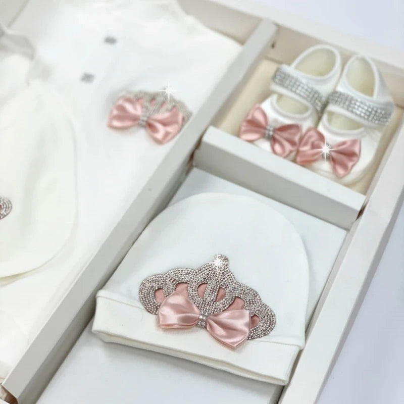 Dollbling Baptism Outfit Boy Prince Luxury Bling Christening Coming Home Romper Bonnet Set Mittens Nursery Hospital Clothing set