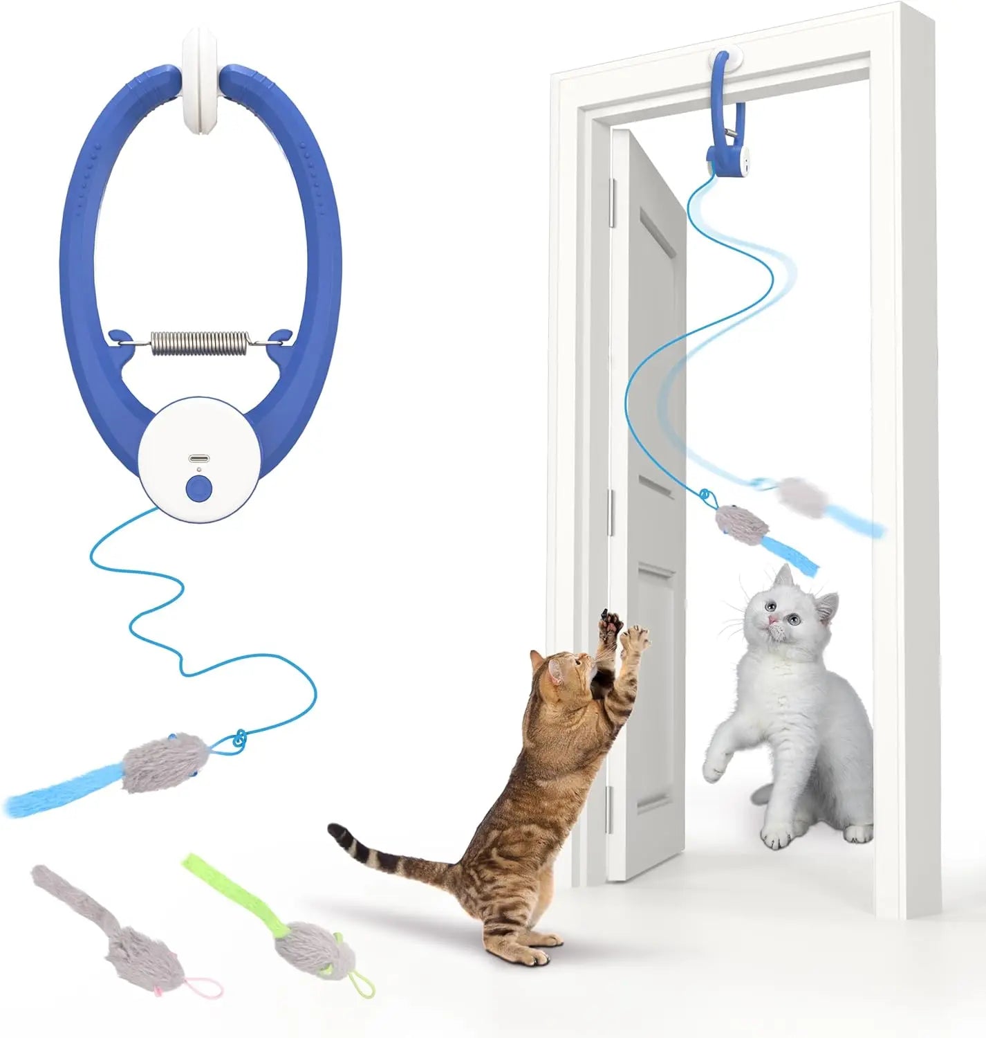 Interactive Cat Toys for Indoor Cats, Smart USB Rechargeable Door Hanging retractable cat toy, with 3 Catnip Mice, for Bored Cat