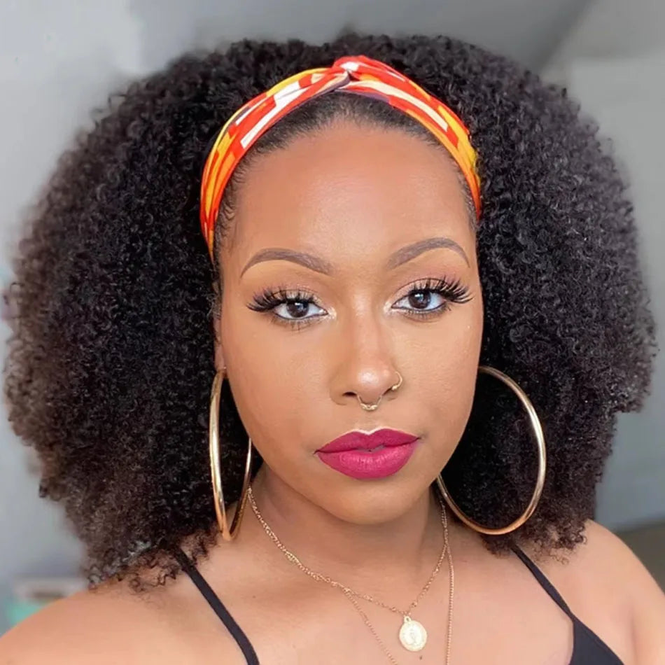Afro Kinky Curly Headband Human Hair Wig For Women Water Curly Wigs With Black Headband Hair Easy to Style No Lace Front No Glue