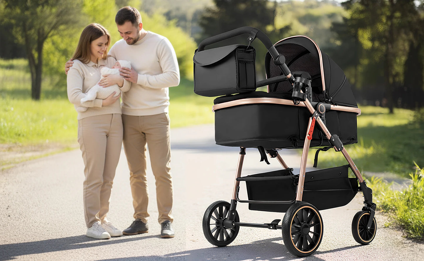 3-in-1 Baby Stroller with Bassinet & Car Seat Mode, 5-Point Harness, One-Hand Fold & Lightweight Design for Compact Storage