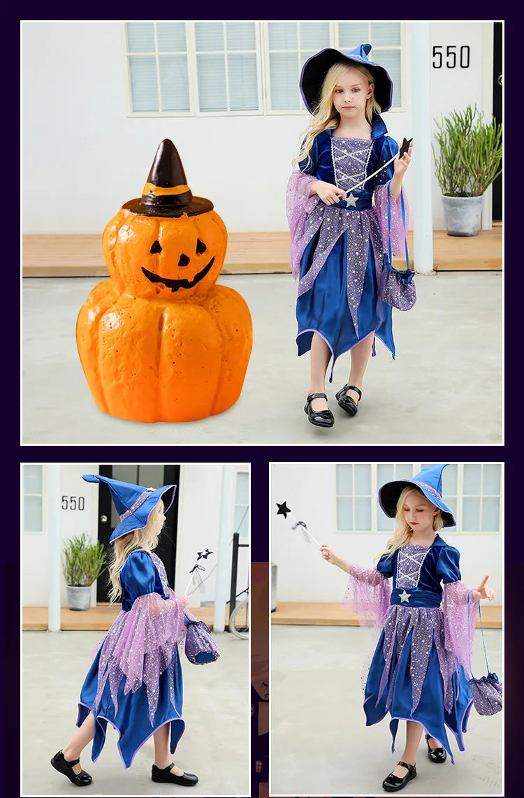 2026 Halloween Blue Witch Costume for Girls with Witch Hat Wand Bag Accessory Set  2-12T Girl Role Play Party Dress Vestidos