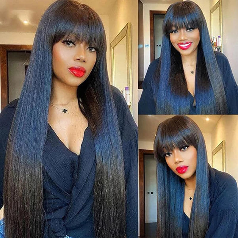 Long Straight Wigs With Bangs Human Hair Fringe 360 Full Lace Front Wig Brazilian Raw Vietnamese Hair Gluless HD Frontal Wigs
