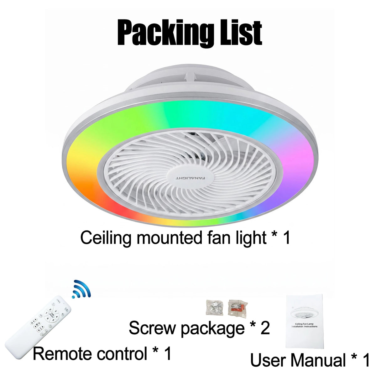 Smart Remote Controlled Ceiling Fan RGB Light AC220V– Variable Frequency Motor with Stepless Speed & Color Temperature Adjustmen