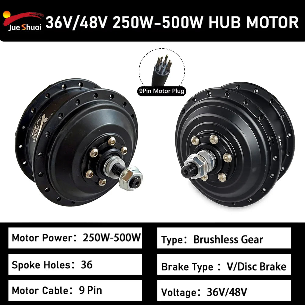 36V 48V 250W 350W 500W Front Rear Drive Brushless Gear Hub Motor Rotary Type High Speed E-Bike Motor Wheel Electric Bike Kit