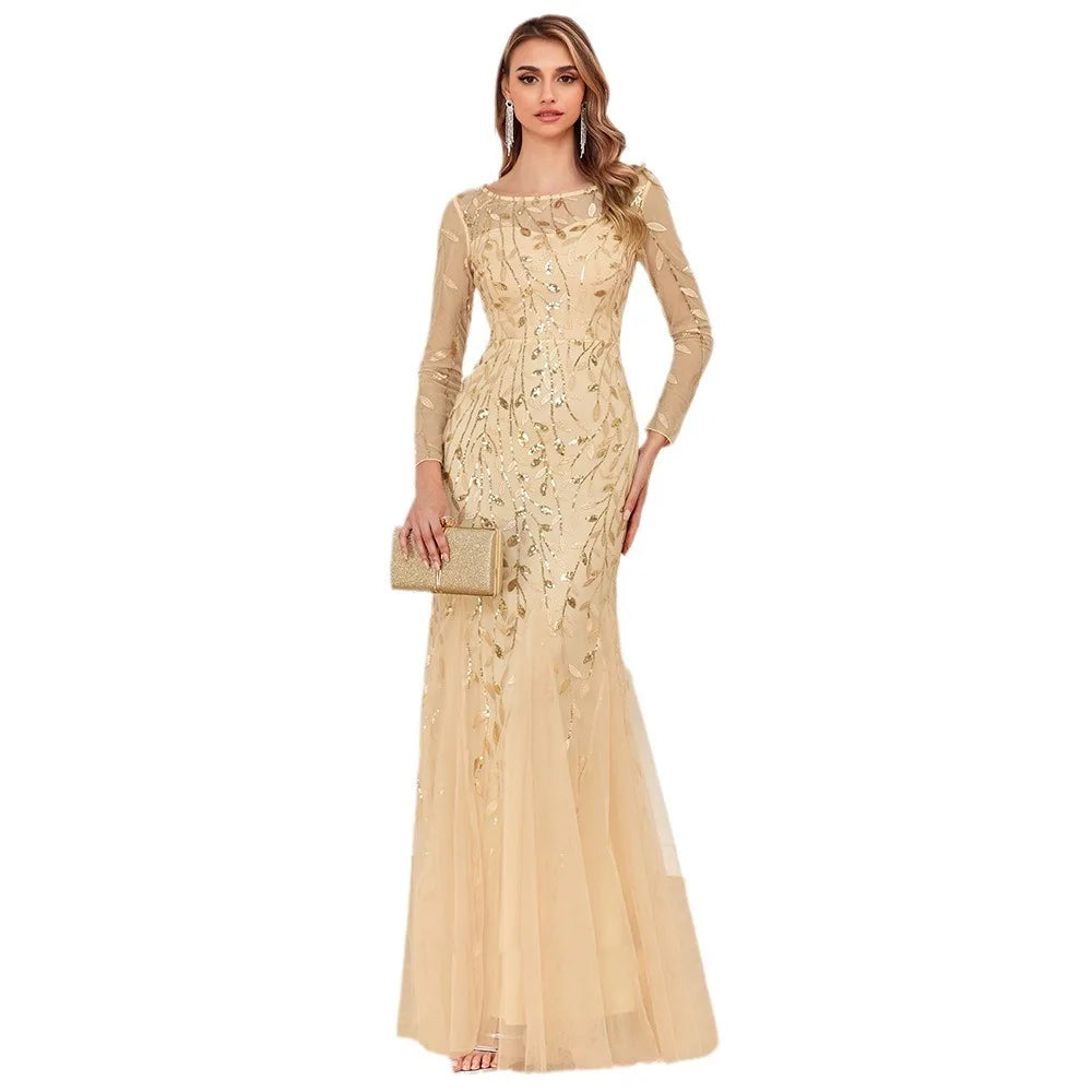 Elegant Round Neck Sequined Mermaid Long Formal Evening Dress With Long Sleeves