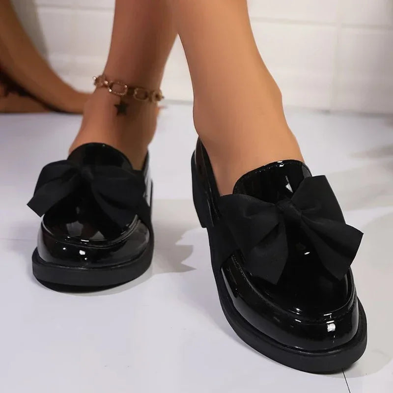 Fashion Bowknot Slip On Loafers for Women 2025 Summer Solid Color Patent Leather Shoes Woman Comfort Soft Sole Platform Loafers