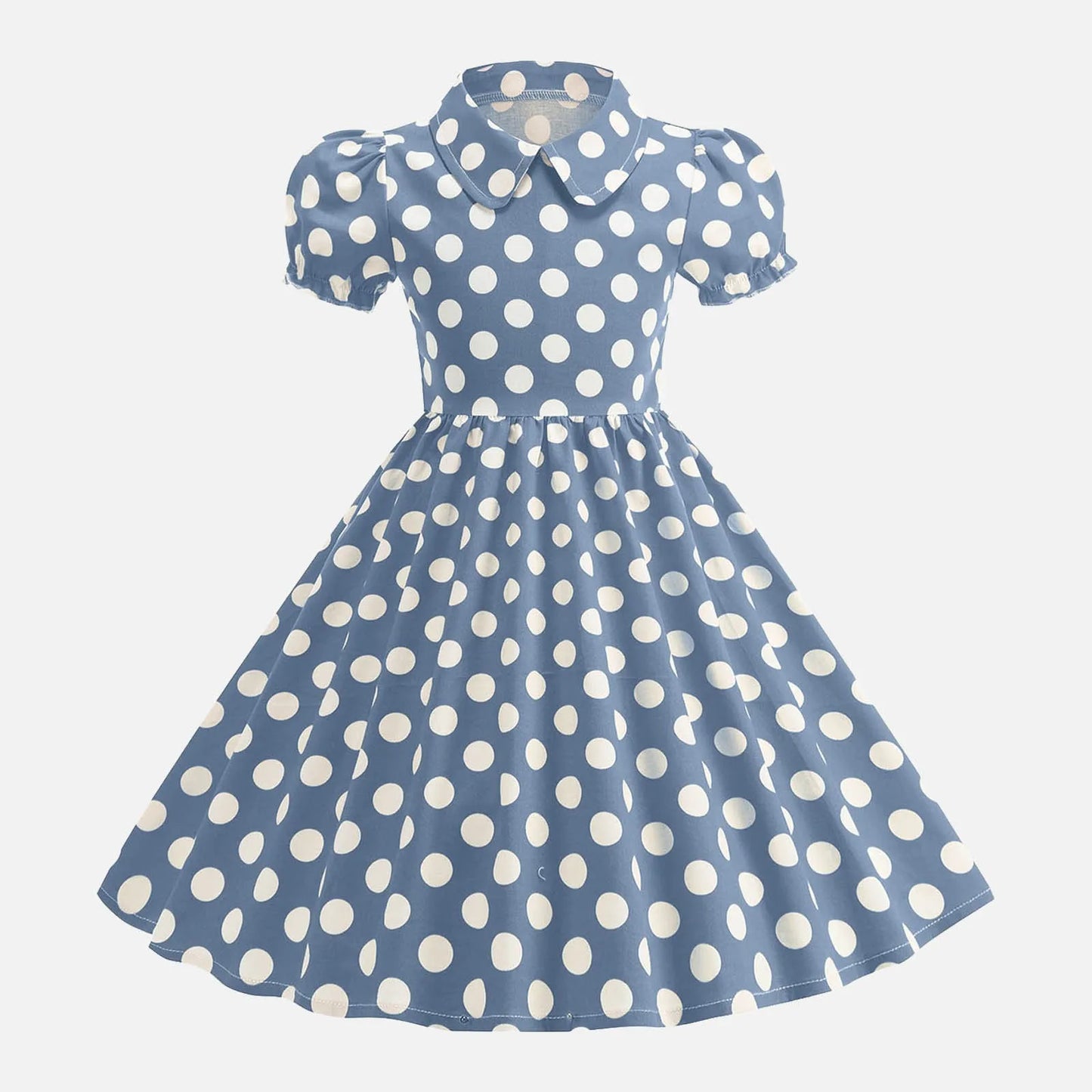 Girls Vintage Polka Dot Summer Dresses Elegant 50s Turn Down Collar Short Sleeve Princess Cocktail Dress Children'S Clothing