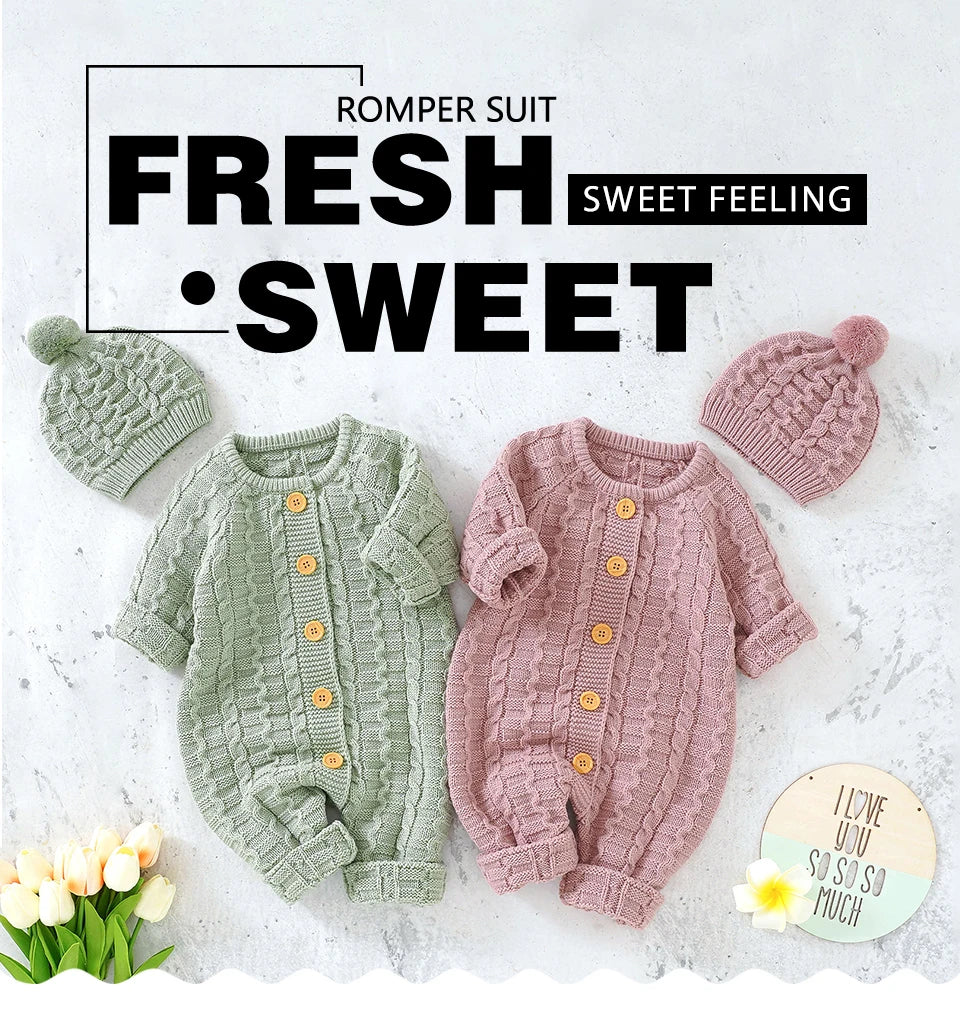 Winter Baby Rompers Clothes Solid Long Sleeve Knitted Newborn Boys Girls Jumpsuits Hats Outfits Sets 0-18m Autumn Infant Costume