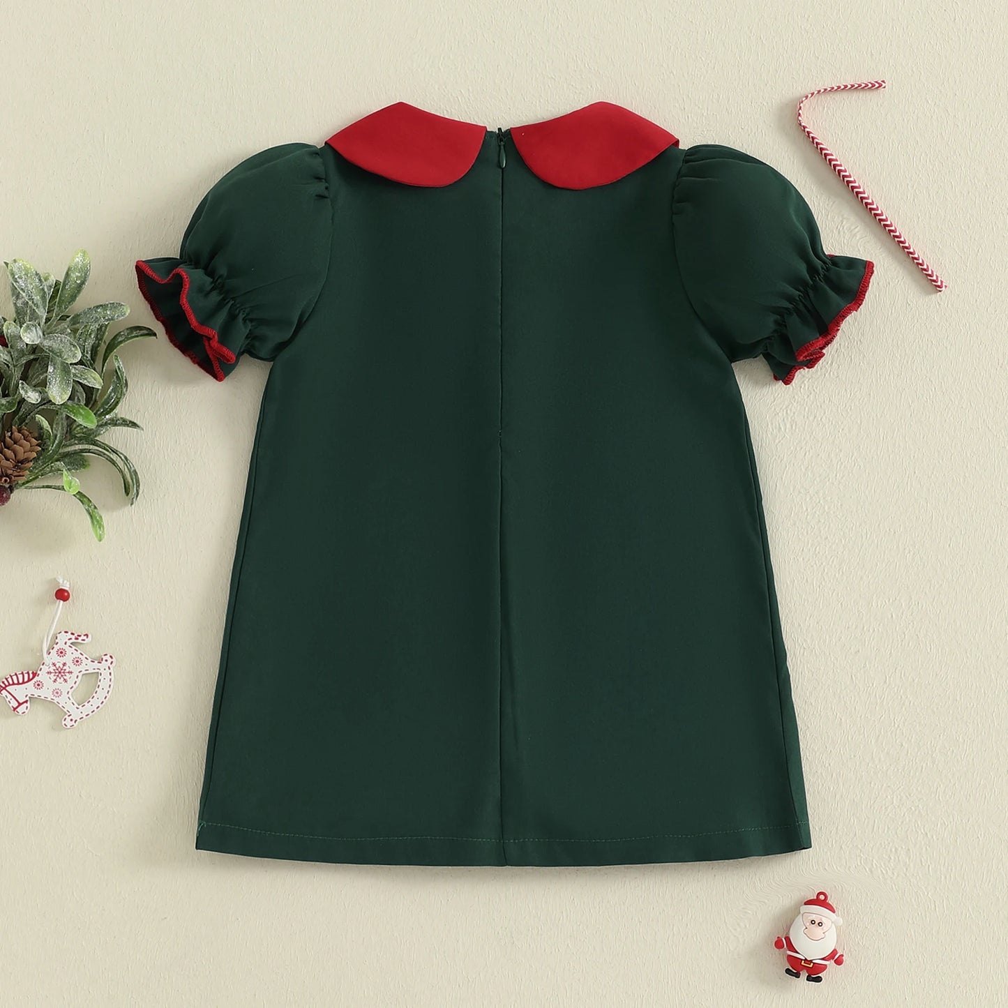 Tregren Toddler Girl Christmas A-Line Dress Reindeer Embroidered Doll Collar Short Sleeve A-line Dress New Year Festival Clothes