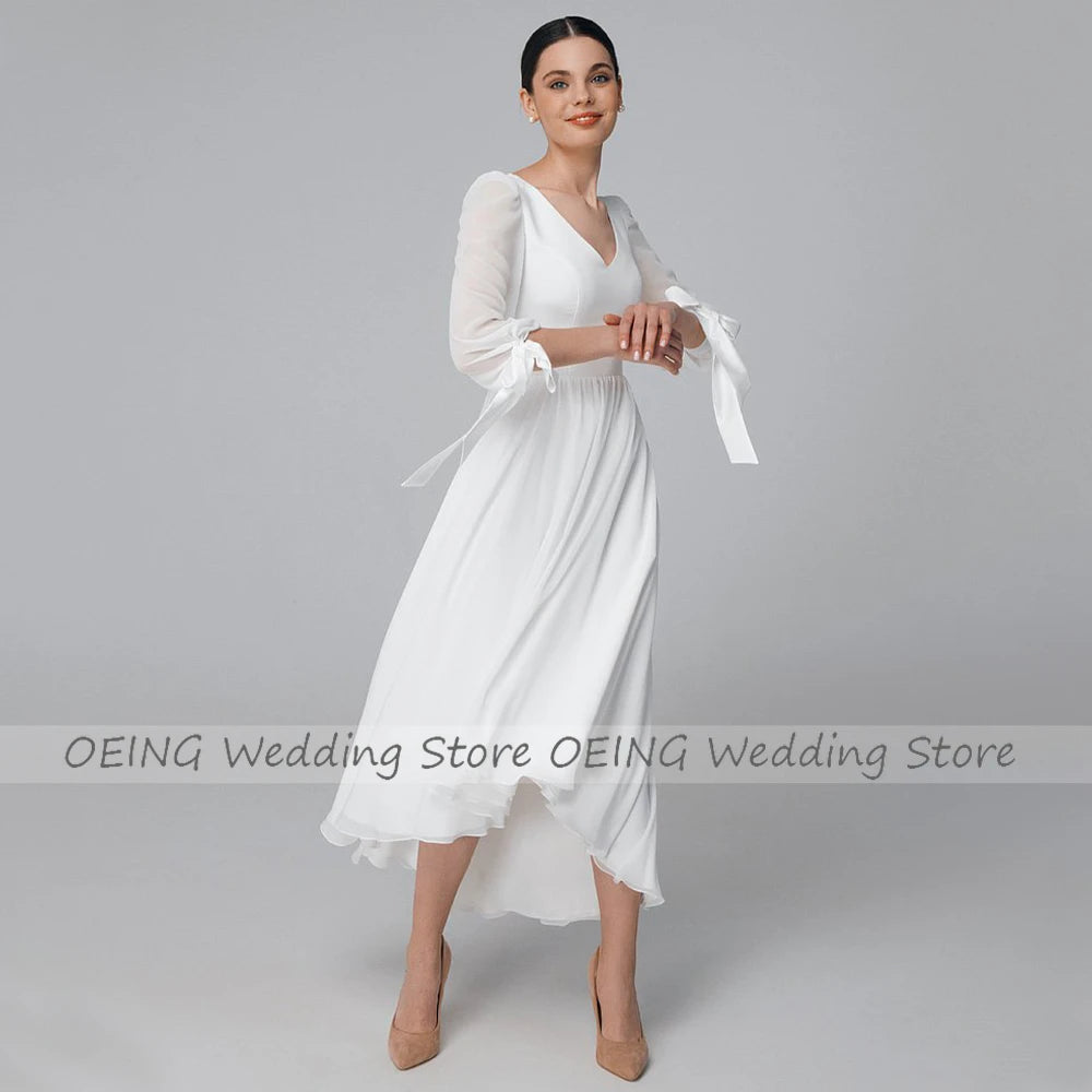 Ivory Wedding Dress Asymmetrical V Neck A Line Midi Wedding Gown for Women 2023 Bride 3/4 Sleeves High Low Simple Bridal Dress