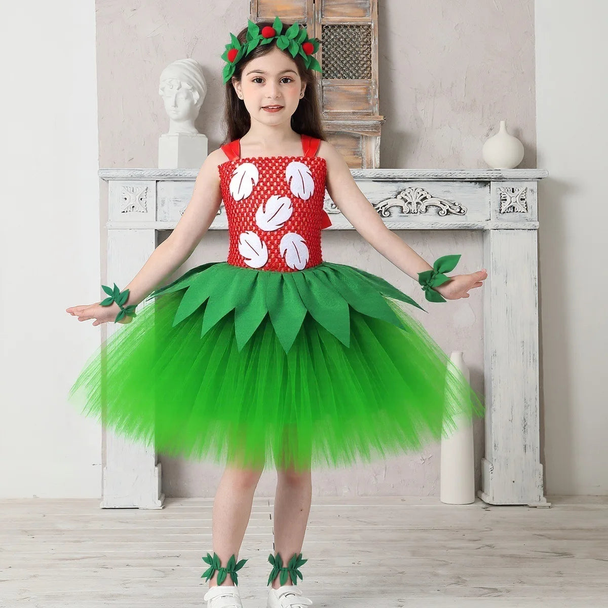 Halloween Costume for Girls Chirdren Summer Red and Green Floral Hawaiian Party Dress with Wreath Outfit for Halloween