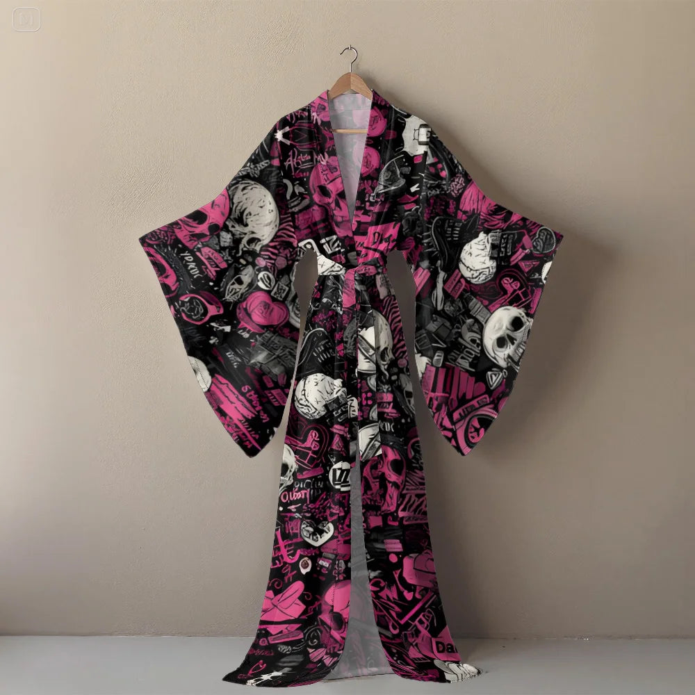 Halloween Cosplay Women's Sexy V-Neck Robe with Abstract Ghost Print - Long Sleeve Party Costume Unique Vampire Witch Long Robe