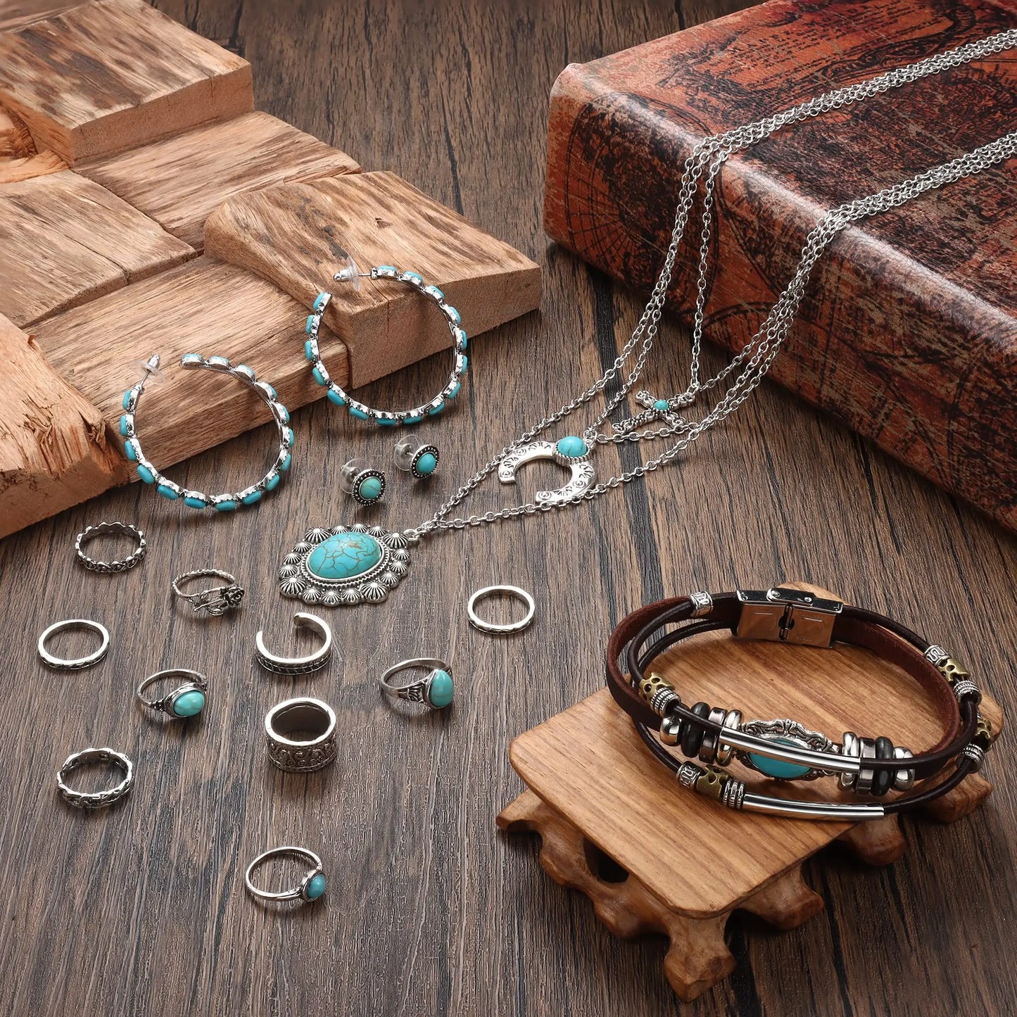 Turquoise Jewelry Set For Women Men Pendant Necklace Western Dangle Earrings Faux Leather Bracelets Boho Rings Set Jewelry Gift