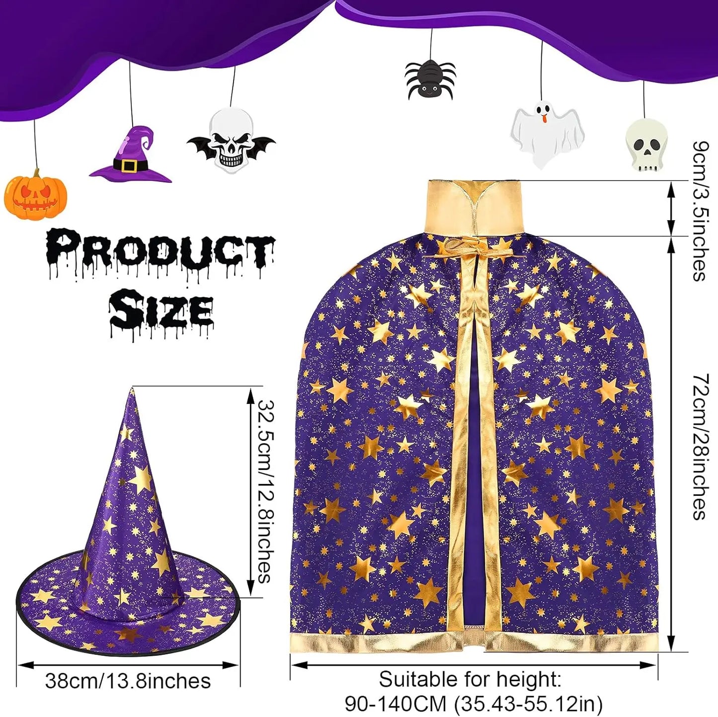 2 Sets Kids Halloween Costumes Witch Cloak Witch Cape & Hat Children Dress up kit-Cosplay Party Accessories for 3-12 Years Kid