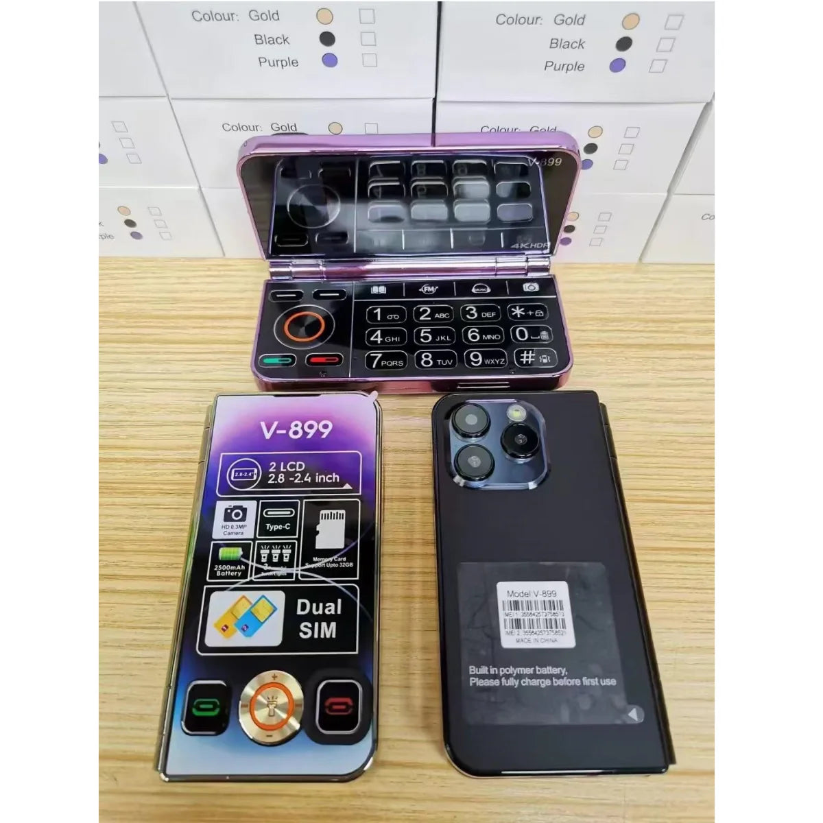 V-899 Bluetooth Folding 2G Cellphone 2.8``2.4``Dual Screen Display MTK6261A 32MB RAM 64MB ROM Dual SIM 3.0MP Type-C Torch Phone