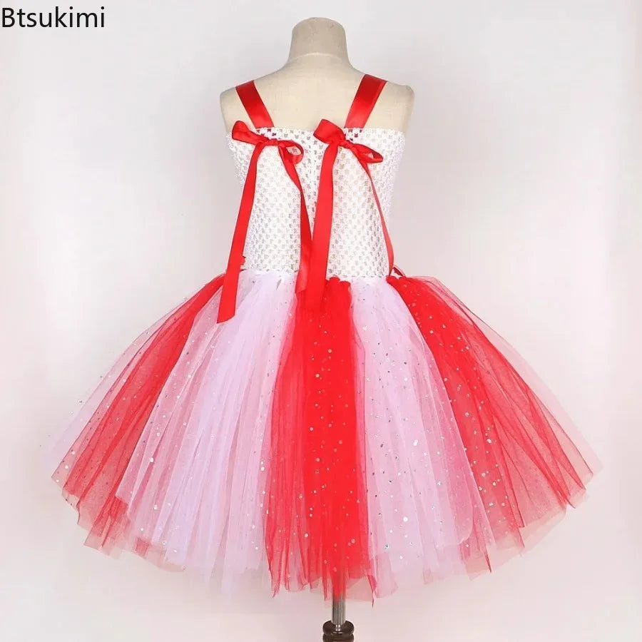 Sparkly Christmas Candy Costumes for Girls White Red Xmas Party Dresses with Bow Socks Kids New Year Tutu Outfit Holiday Clothes
