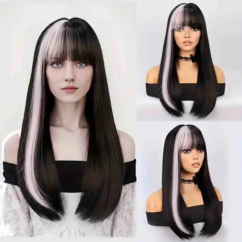 Ombre Pink Brown Wig for Women Cute Lolita Hair Wig with Bangs High Temperature Fibers Synthetic Wigs Headband Wigs for Cosplay