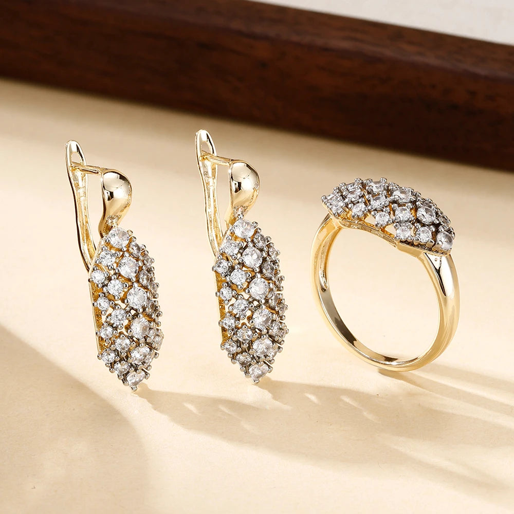Hollow oval inlaid zircon earrings and rings three-piece elegant fashion jewelry two-tone set wedding party accessories