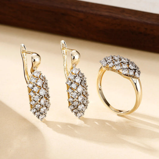 Hollow oval inlaid zircon earrings and rings three-piece elegant fashion jewelry two-tone set wedding party accessories