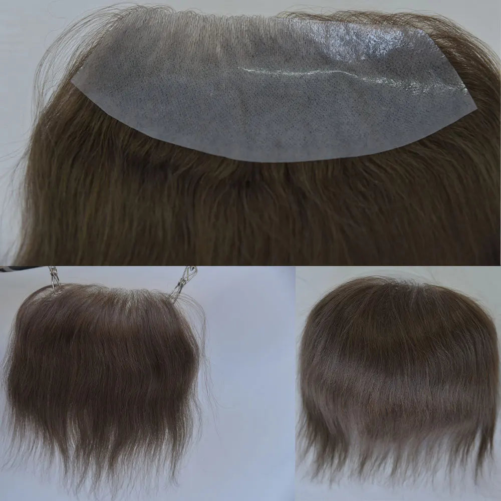 Men's Hairline PU Toupee Brown Hair for Frontal Hairpiece 100% Human Hair D Style Topper Replacement System 7x16cm Big Hairline