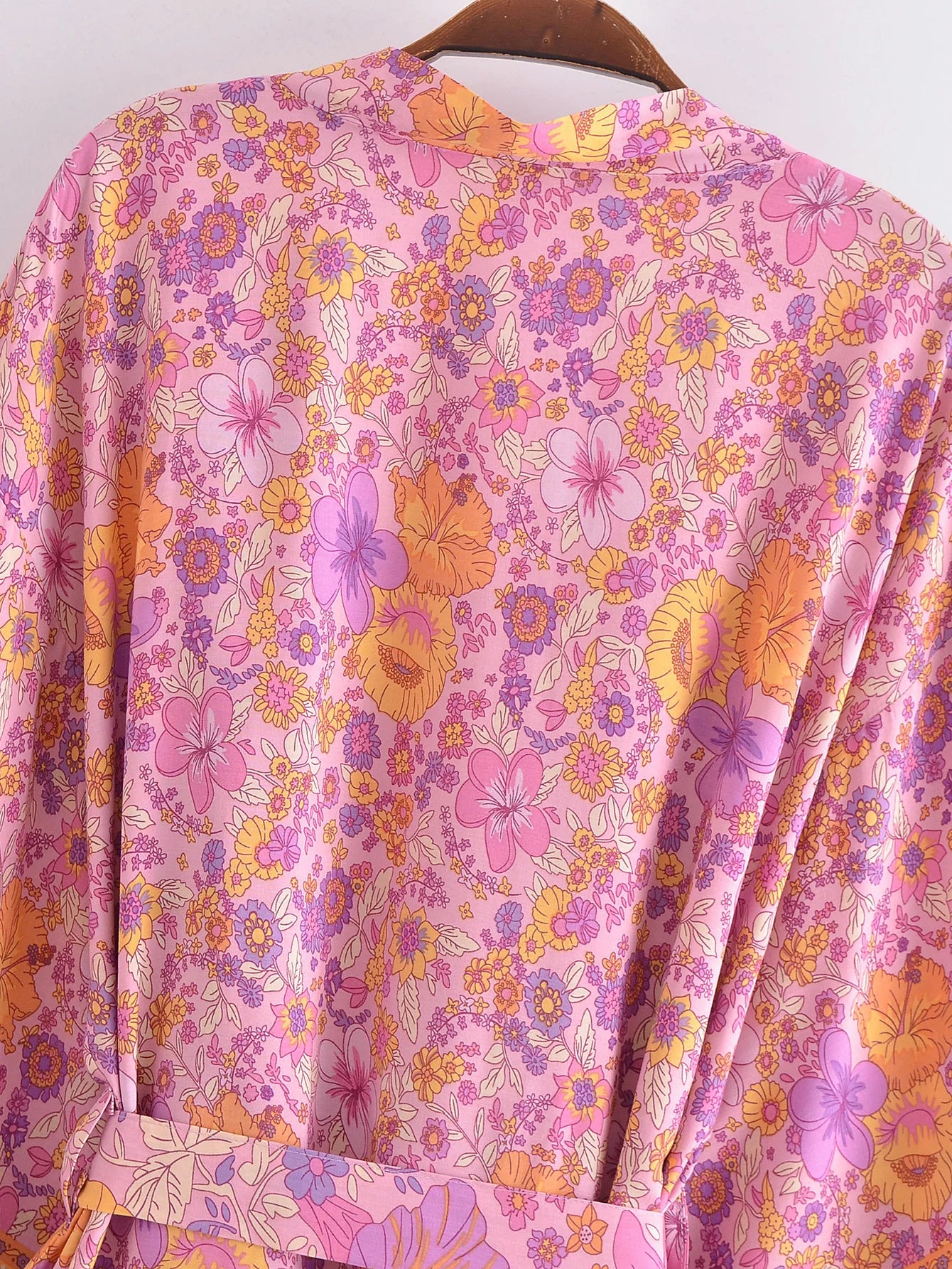 BOHO Women Blue With Pink Flower Print Kimono Shirt Holiday Tide Bow Sashes Mid Long Cardigan Summer Blouse Beach Cape