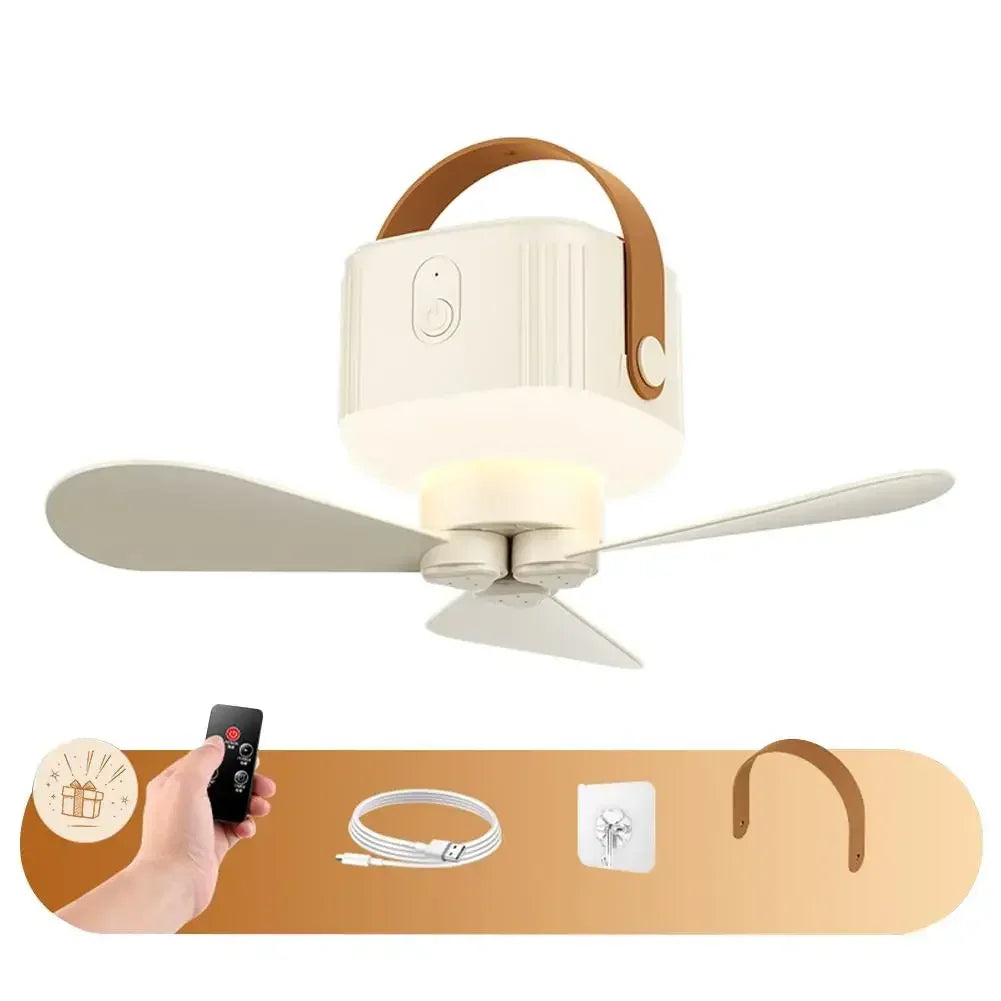 Portable Ceiling Fan with Remote & 3600mAh Battery – 3-Speed, 8-12H Runtime, Night Light for Camping & Outdoor