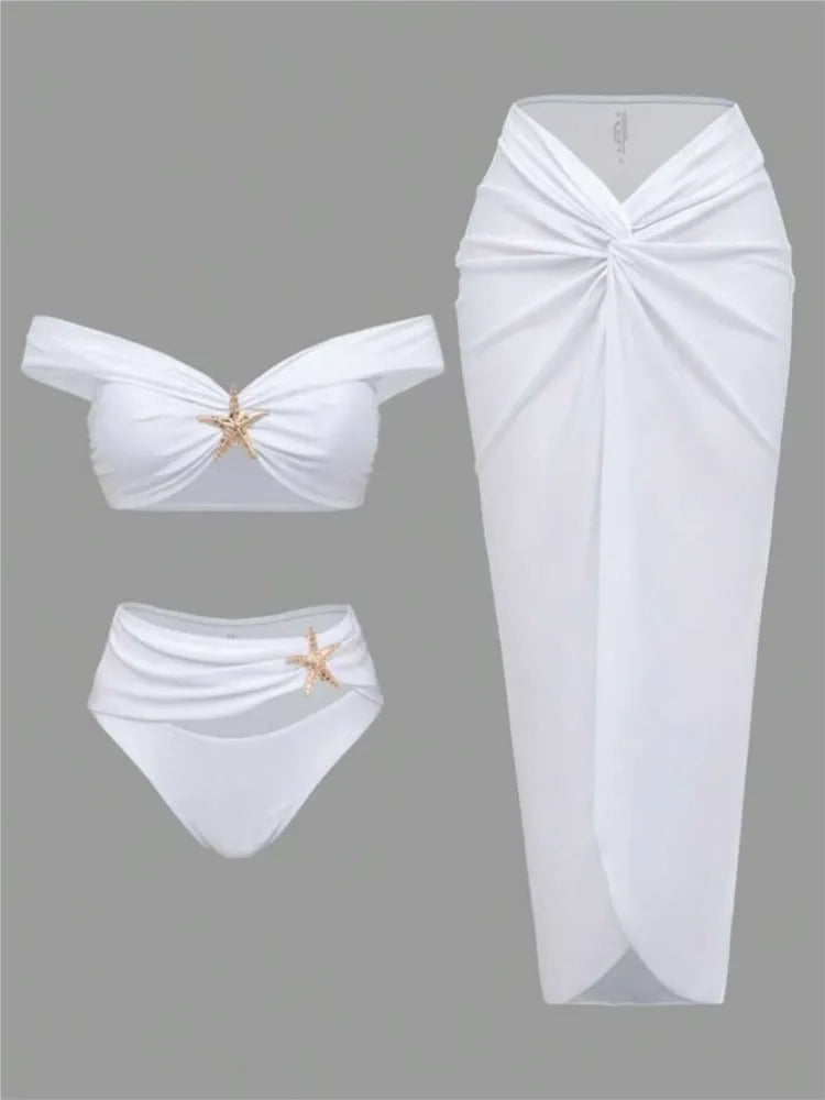 New Women's Clothing Starfish Bikinis Sets Solid Color Swimsuit Long Skirt Three Piece Simple Style Temperament Simple Style