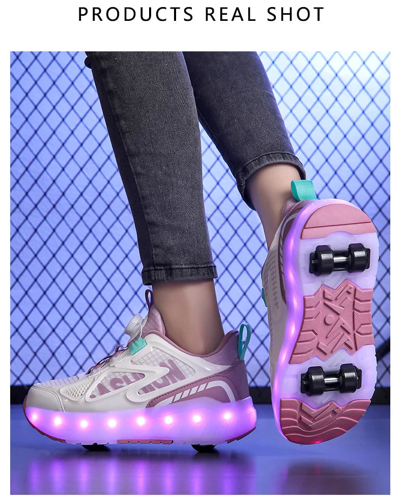 Children's Roller Skate Shoes 4-Wheels Removable Wheeled Rolling Shoes for Kids with LED Light Inline Skate Sneaker
