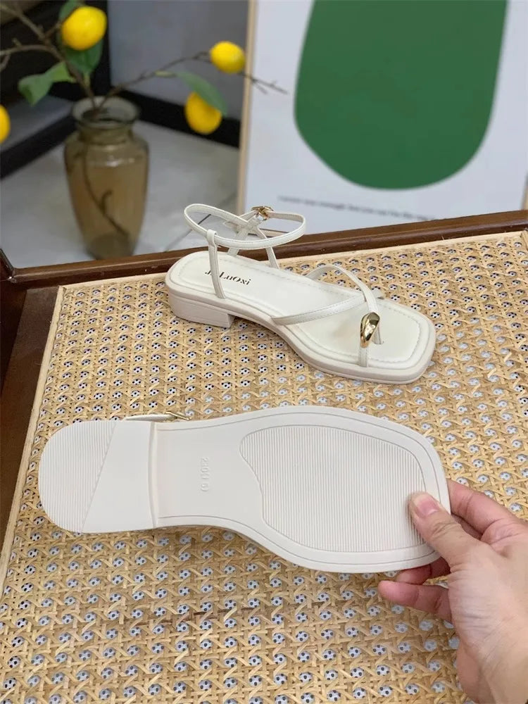Sandals Women 2024 Summer New Fashion Square Toe Roman Shoes Simple Fairy Strap Women Shoes Flat Casual Shoe Sandalias De Mujer