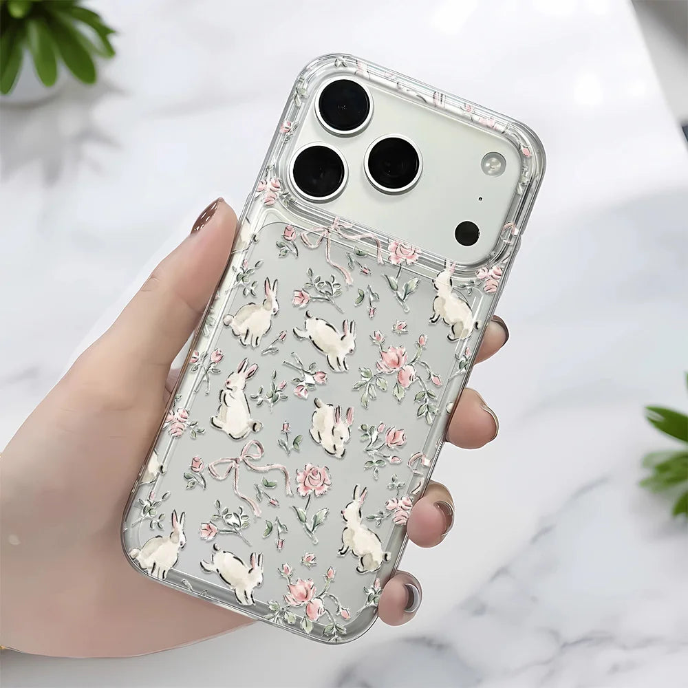 Cute Bunny Pink Floral Lichee Pattern Phone Case For IPhone 17 Air 16 15 Plus 14 Pro Max 11 12 13 Cute Shockproof Bumper Cover