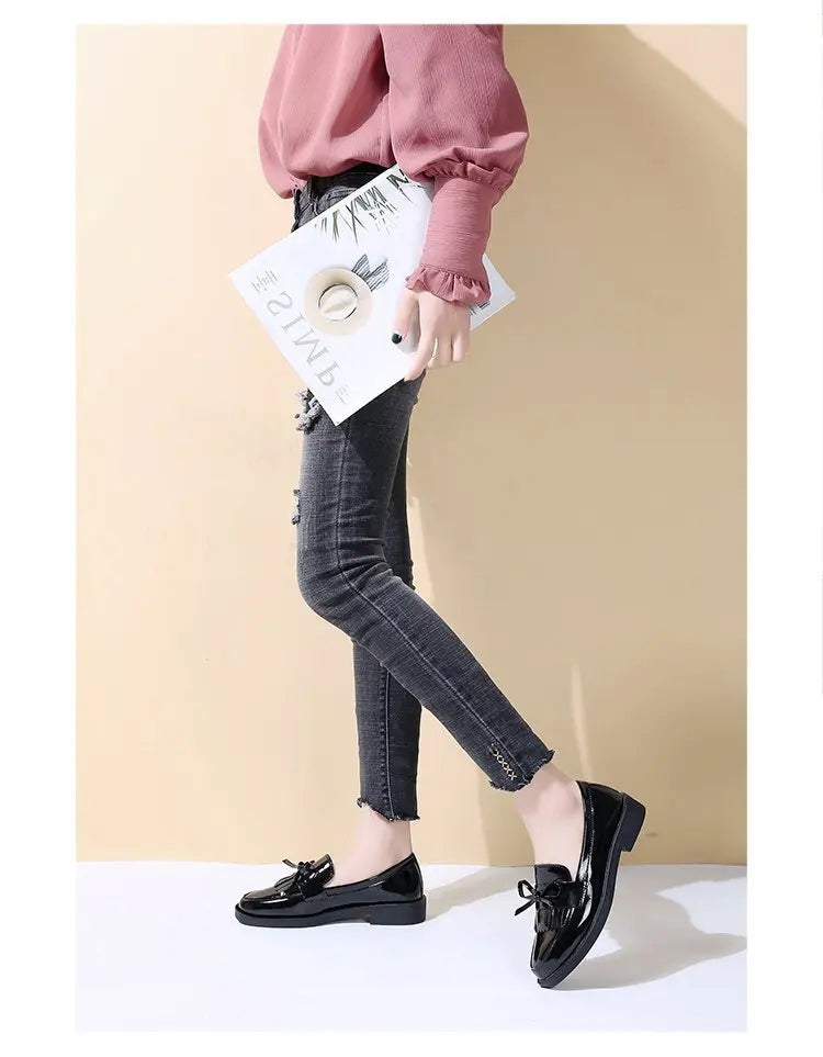 Black Patent Leather Women's Loafers Platform Slip on Shoes for Women 2025 New Spring British Tassel Casual Flats Shoes Woman
