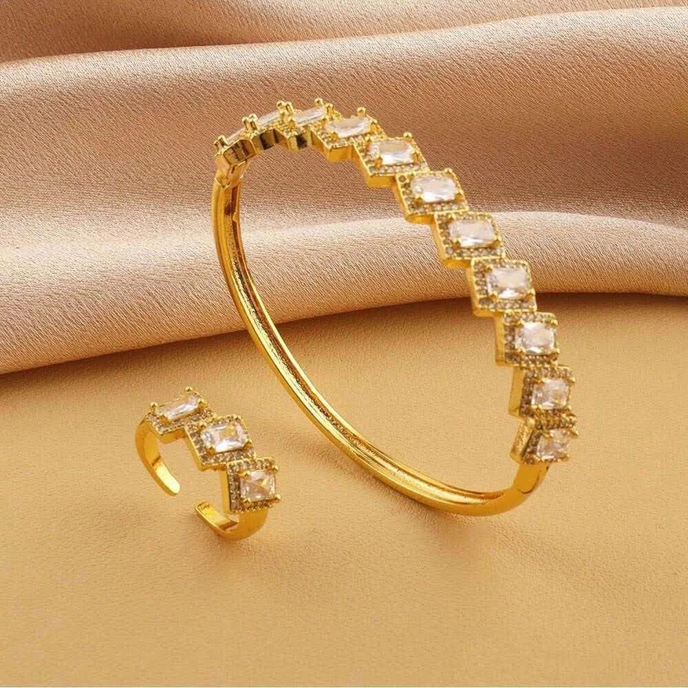 2 pieces/set of bracelets+ring micro inlaid with zircon light luxury multi-color zircon personalized copper gold-plated women's