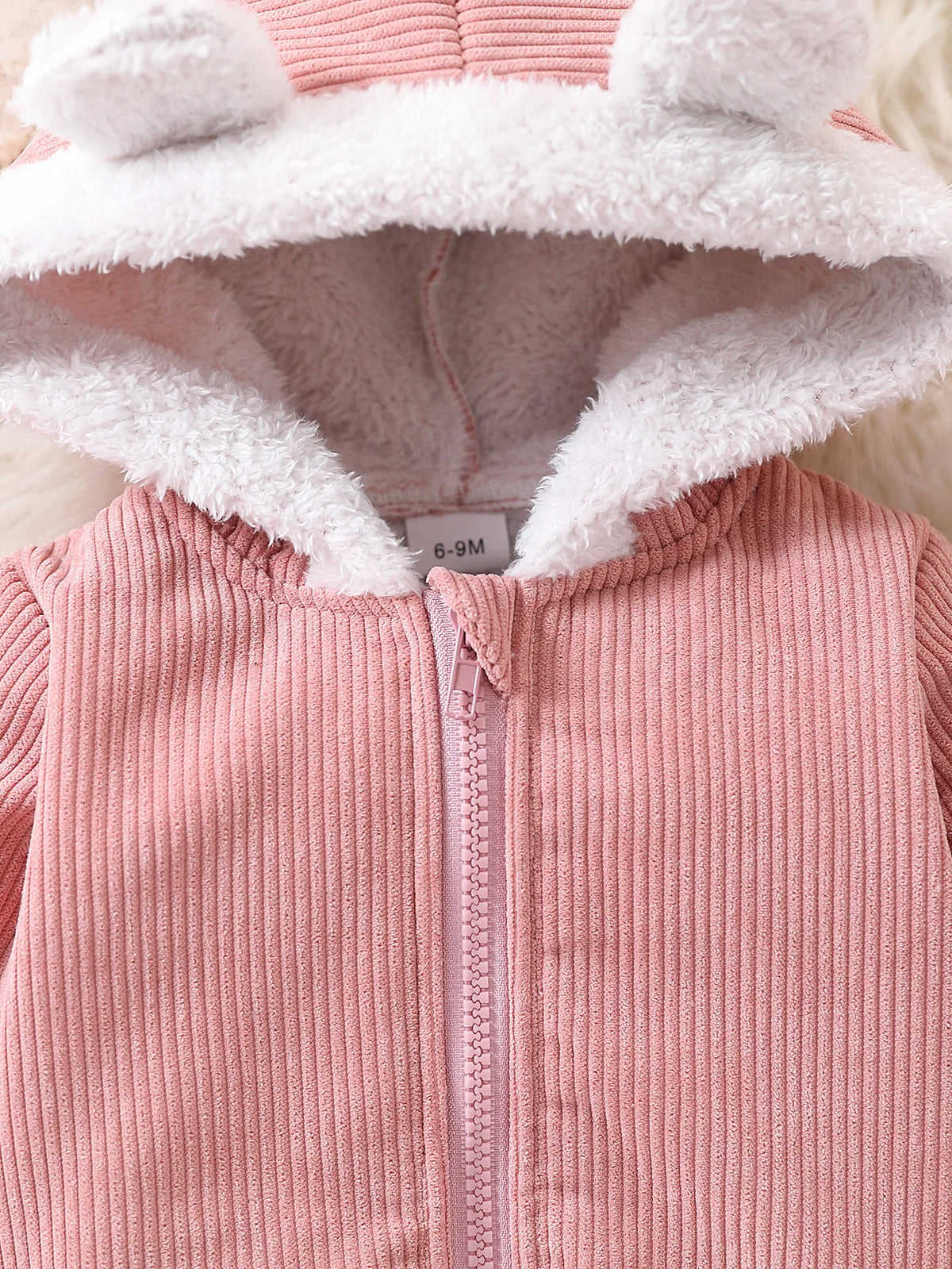 Baby Girl Casual Cute Corduroy Composite Plush Fabric Zipper Fully Open Thickened Hooded Long Sleeve Jacket Autumn and Winter