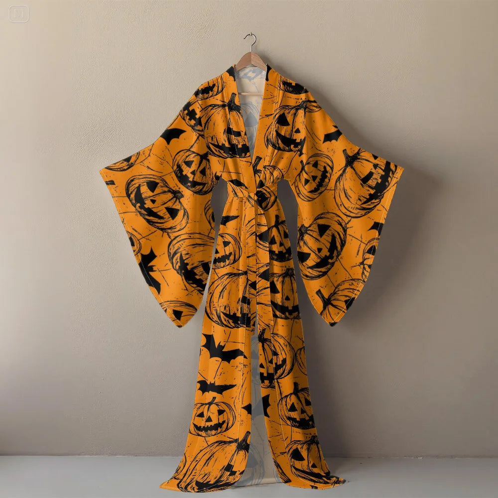 Halloween Sexy V-Neck Robe with Ghost Print High Slit & Bat Sleeves Kimono - Women's Party Costume Funny Cool Cosplay Wear